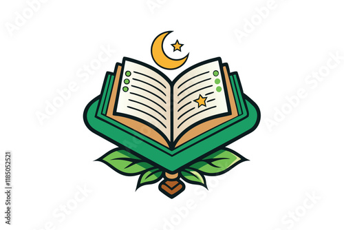 Quranic vector with open holy book and crescent moon, vibrant Islamic patterns suitable for Ramadan Islamic projects and religious contexts