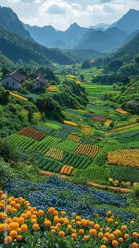 Expansive view layered hills and vibrant green pastures image photo