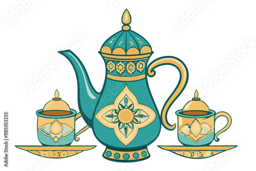 Vintage Arabic teapot and cups adorned with geometric patterns, ideal for Ramadan Islamic festive gatherings and tea time traditions