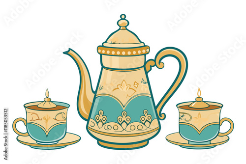 Luxurious Ramadan Islamic tea set featuring decorative gold and turquoise motifs for cultural appreciation and culinary arts