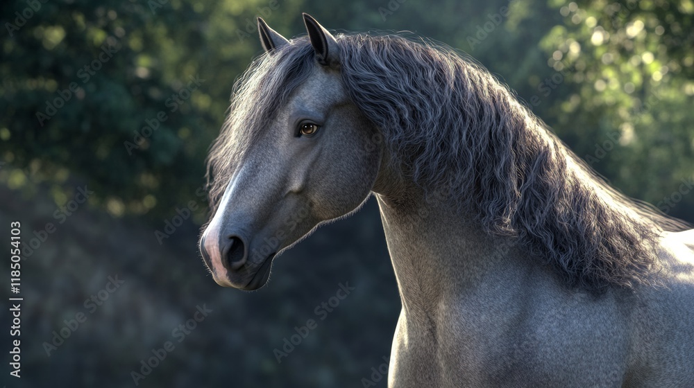 Fototapeta premium The horse stands proudly, showcasing its graceful features and developing mane. Sunlight filters through nearby trees, highlighting its elegant posture and expressive eyes