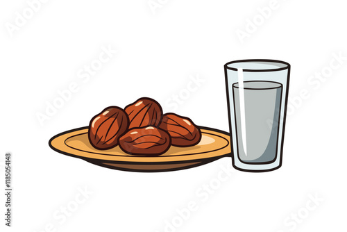Vector art of delicious dates and refreshing glass of water, a symbolic Ramadan Islamic iftar meal perfect for traditional celebrations