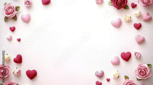 A romantic arrangement of pink and red hearts surrounded by roses, perfect for celebrations like Valentine's Day.