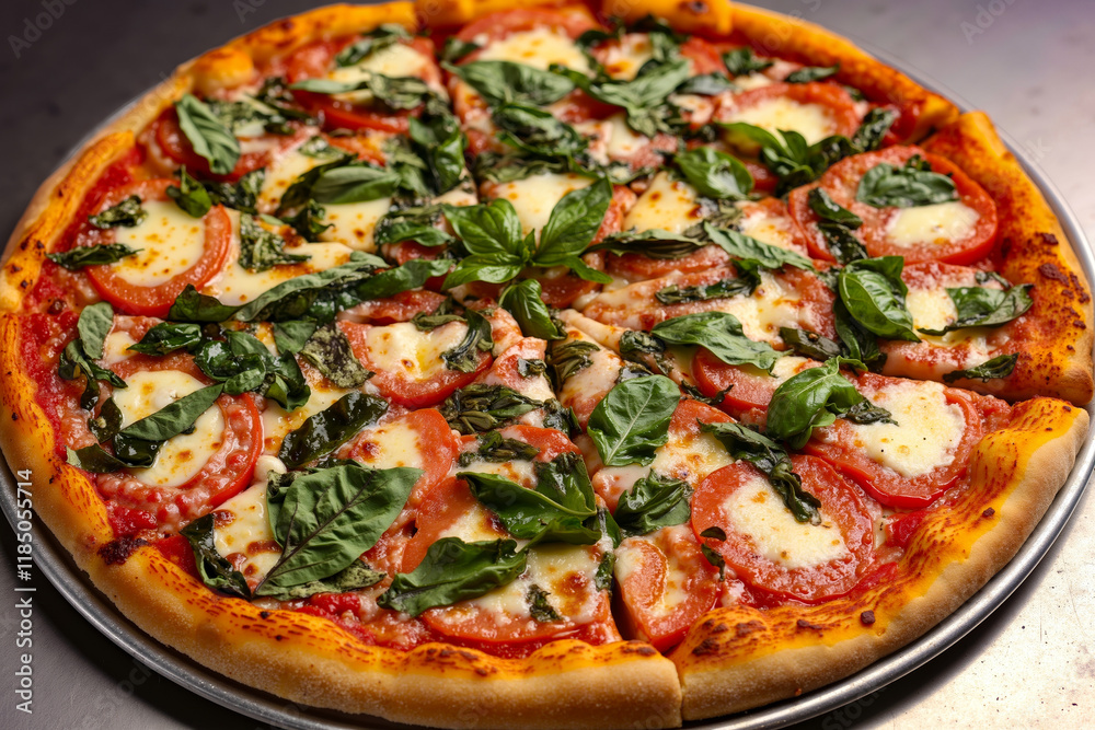 A pizza with tomatoes, cheese and basil on a metal pan A pizza with tomatoes, cheese and basil on a metal pan
