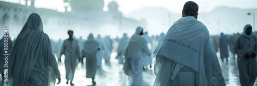 Tranquil Gathering of Devoted Muslim Pilgrims in Ihram Garments Preparing for Hajj - Unity and Equality in Spiritual Journey