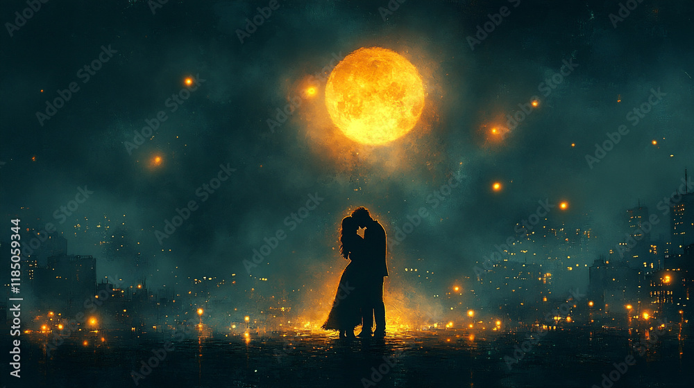 Under the Enchanting Glow of the Moon, Lovers Share a Timeless Embrace Amidst a Vibrant Cityscape Filled With Magic