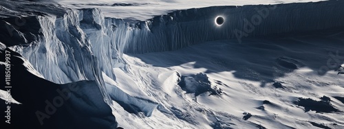 An awe-inspiring perspective of a colossal ice shelf with deep, intricate crevasses and a rare, dramatic solar eclipse casting shadows on the ice