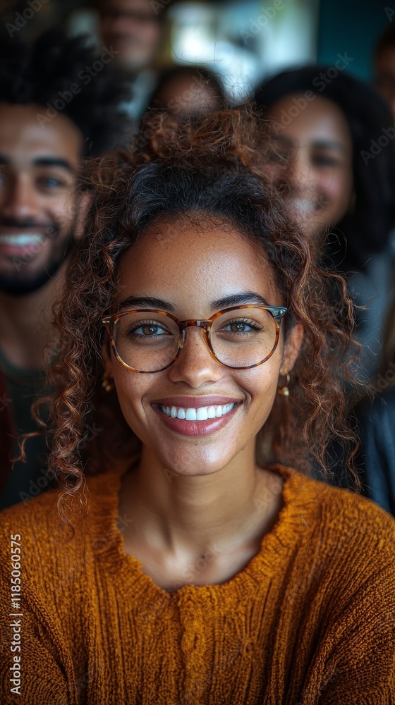Fototapeta premium Smiling Woman Surrounded by Friends in a Welcoming Social Setting
