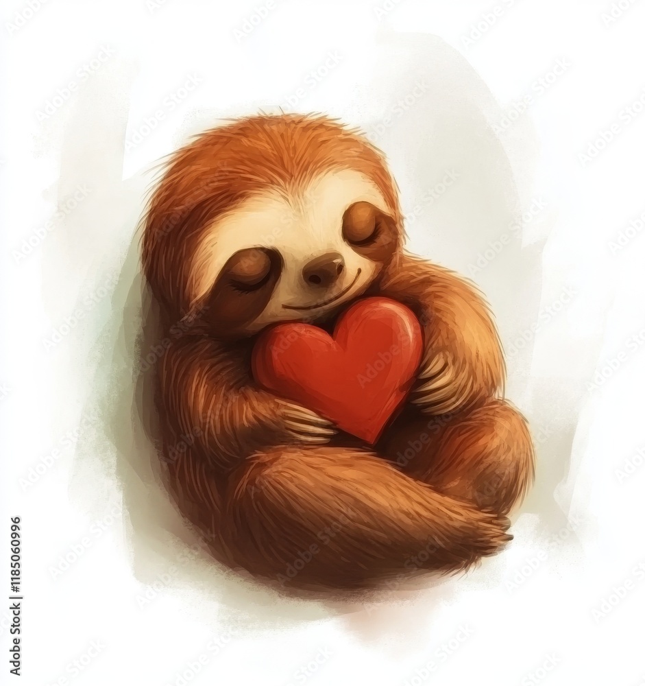 Obraz premium A heartwarming sloth grasping a red valentine heart, with a transparent background - produced by generative AI