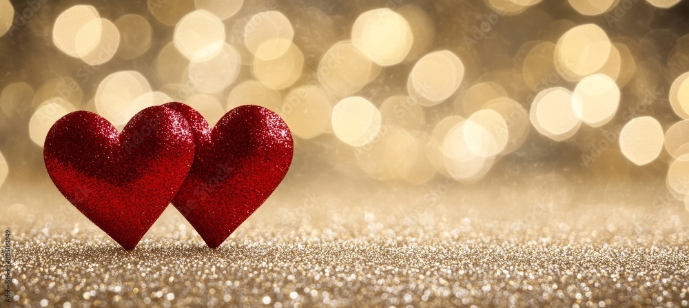 Fototapeta premium Here's a banner illustration for a Valentine's Day or birthday celebration, featuring a holiday greeting card with two red hearts on a table, surrounded by bokeh lights and glitter