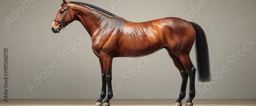 A thoroughbred horse stands gracefully in an indoor environment, showcasing its sleek coat and muscular build. The lighting highlights its elegant features and poised stance photo