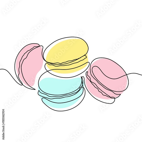 Macaroons cookie biscuit line continuous drawing. One line illustration. Hand drawn linear silhouette of macaroons. photo