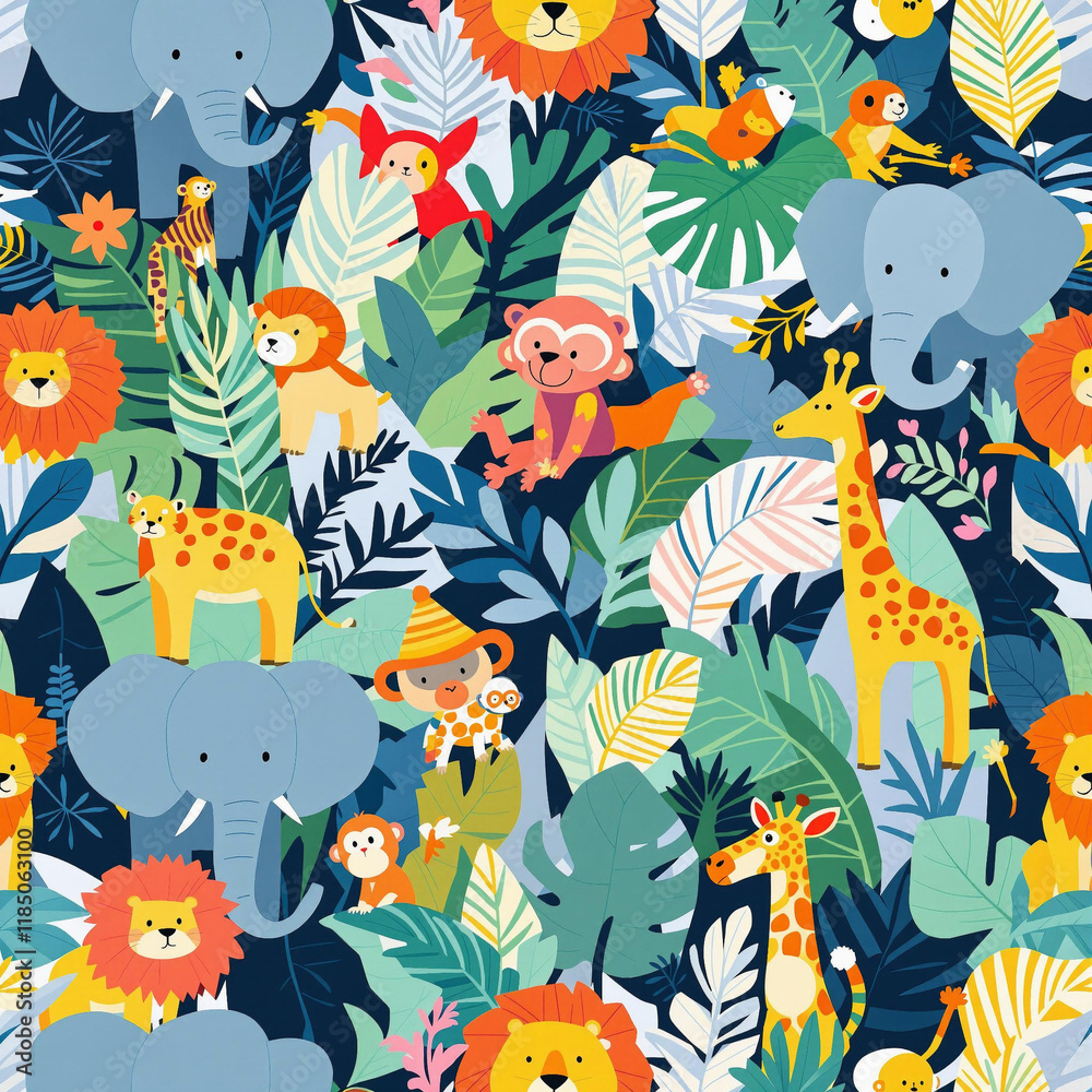 Fototapeta premium Vibrant Jungle Animals Seamless Pattern with Abstract Tropical Leaves