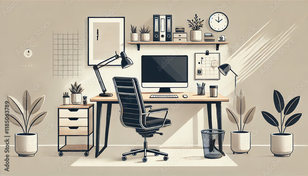 Naklejka premium Minimalistic Office Desk Setup with Ergonomic Chair and Decor