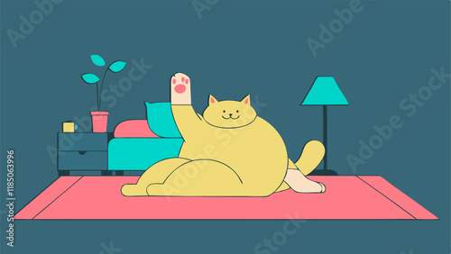 Smiling fat cat doing yoga at home. Flat style. Vector illustration