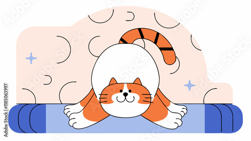 Smiling fat cat doing yoga at home. Flat style. Vector illustration