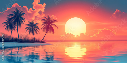 Vibrant sunset over tranquil ocean with palm trees reflecting on calm water surface