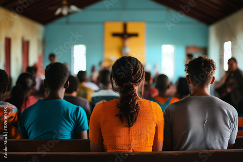 People Worshipping At A Foreign Church With A Cross On The Wall