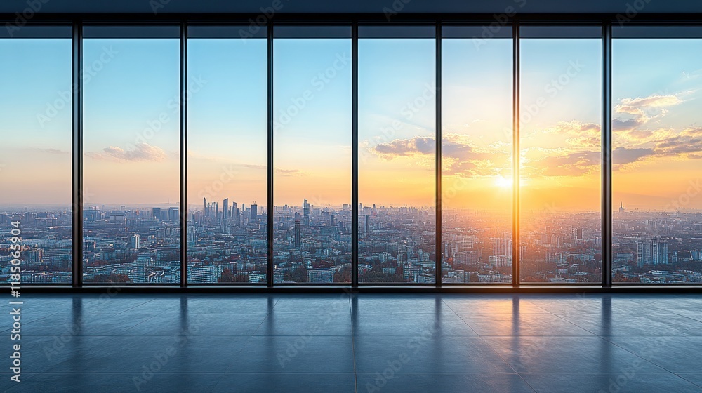 Fototapeta premium Empty modern office with panoramic city sunset view through large windows.