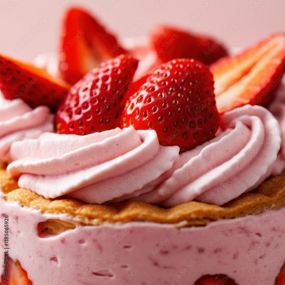 Closeup of strawberry cupcake, vibrant pink frosting, halved fresh strawberry on top, swirled creamy texture, pastel pink background, soft lighting, high detail, food photography, appetizing dessert, Closeup of strawberry cupcake, vibrant pink frosting, halved fresh strawberry on top, swirled creamy texture, pastel pink background, soft lighting, high detail, food photography, appetizing dessert,