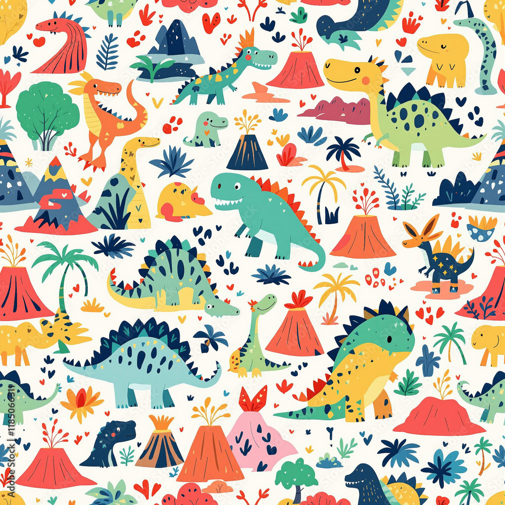 Playful Cartoon Dinosaurs Seamless Pattern with Volcanoes and Palm Trees Playful Cartoon Dinosaurs Seamless Pattern with Volcanoes and Palm Trees