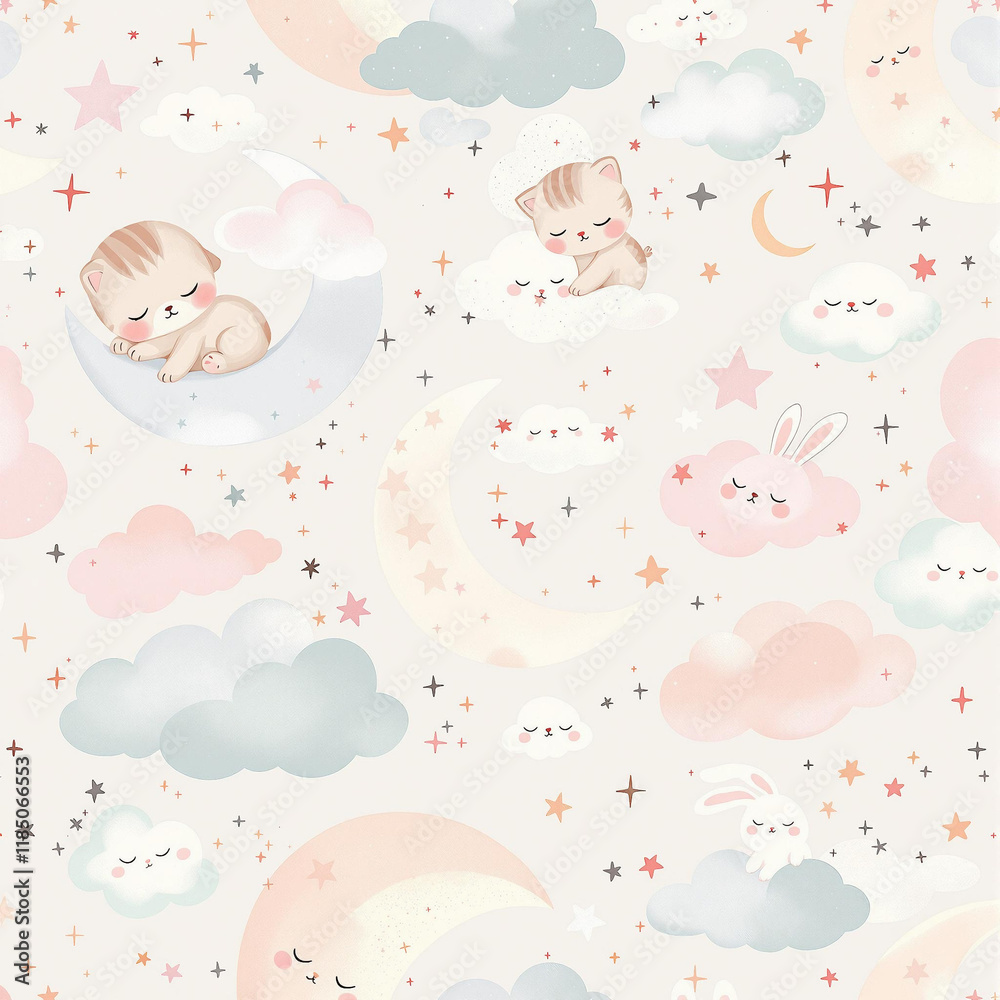 Dreamy Baby Animals on Moons Seamless Pattern with Clouds and Stars Dreamy Baby Animals on Moons Seamless Pattern with Clouds and Stars