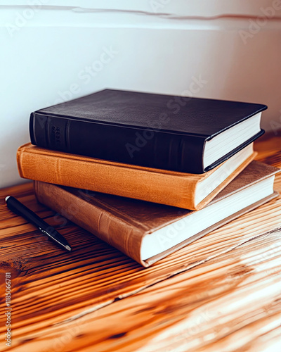 Neatly Stacked Books on a Wooden Table Inviting Quiet Reflection and Contemplation photo