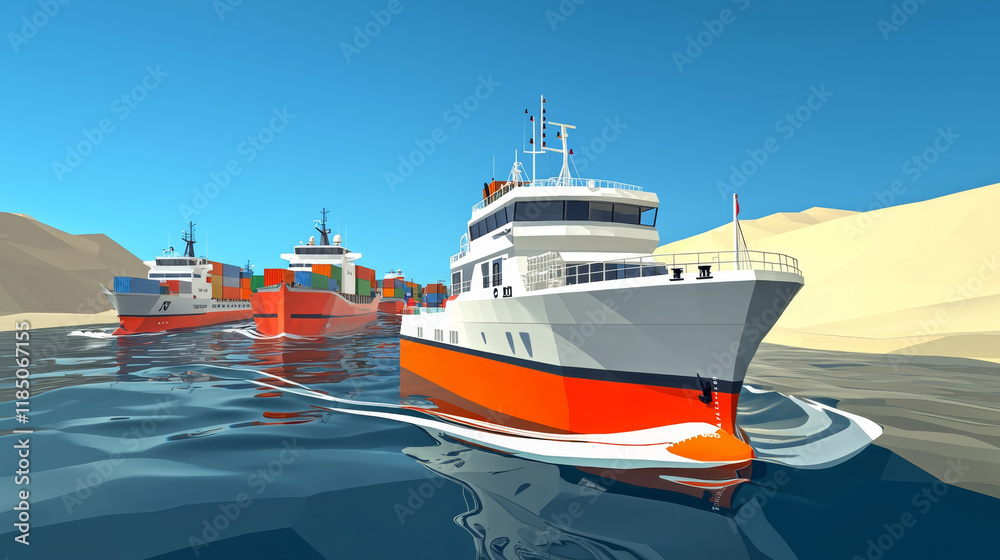 Naklejka premium Cargo ships and a supply vessel navigate coastal waters near desert dunes.