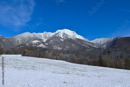 View of Storžič mountain peak and a snow covered field bellow in Gorenjska, Slovenia photo