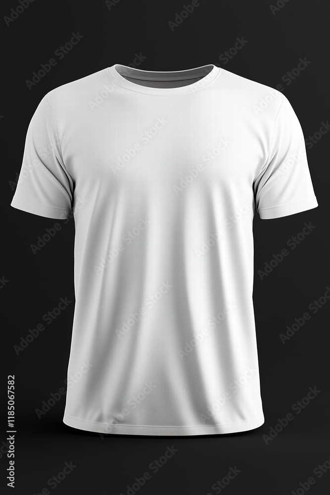 A plain white t-shirt mockup on a black background, showcasing its simple design and fabric texture. A plain white t-shirt mockup on a black background, showcasing its simple design and fabric texture.