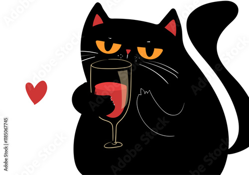 Black grumpy Cat drinking red Wine, middle finger on a paw. Greeting card for Valentines day. Black kawaii cat with red heart on white background. Kawaii anime style 
