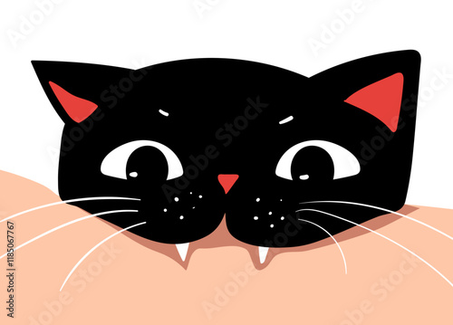 Greeting card for Valentines day. Black kawaii cat  on white background. Kawaii anime style. The cat makes a nip at the hand