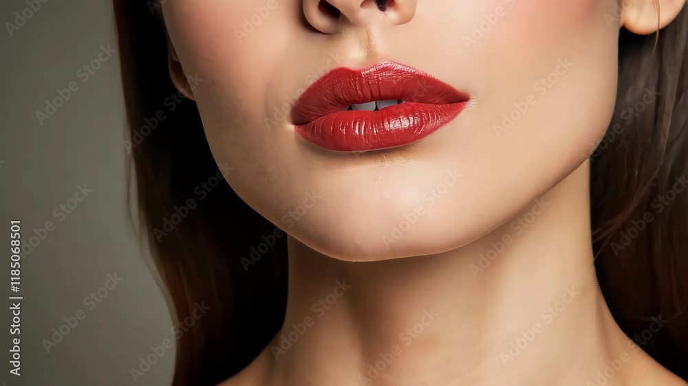 Close-up of woman's lips showing red lipstick on gray background Close-up of woman's lips showing red lipstick on gray background