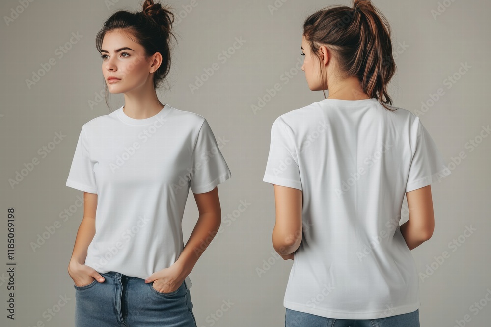 A young woman wearing a plain white t-shirt mockup and blue jeans, posing in a studio setting. The image shows her from the front and back, highlighting the simplicity of the outfit. A young woman wearing a plain white t-shirt mockup and blue jeans, posing in a studio setting. The image shows her from the front and back, highlighting the simplicity of the outfit.