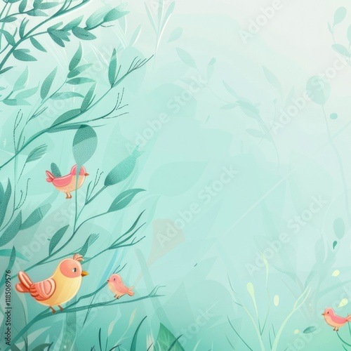 illustration turquoise background with birds. spring wallpaper. place for text. summer. Children's