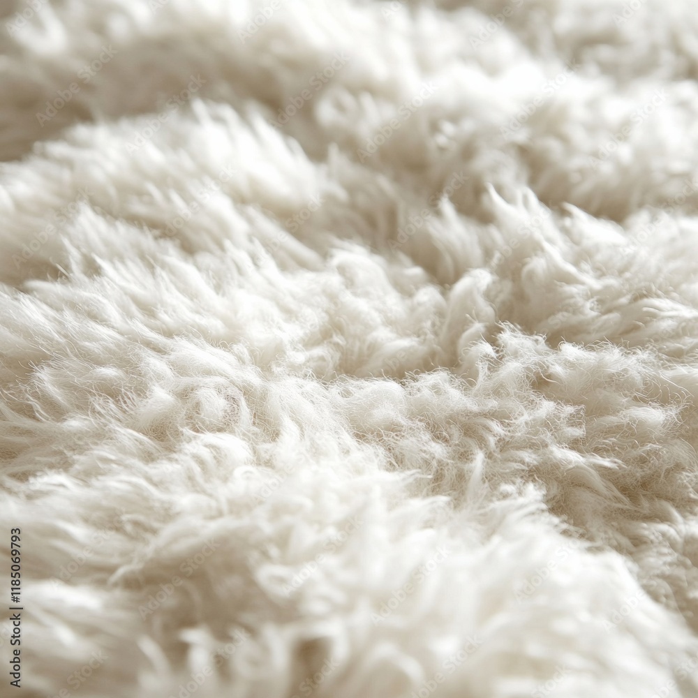 Soft texture of white fluffy wool rug detail in close-up Soft texture of white fluffy wool rug detail in close-up
