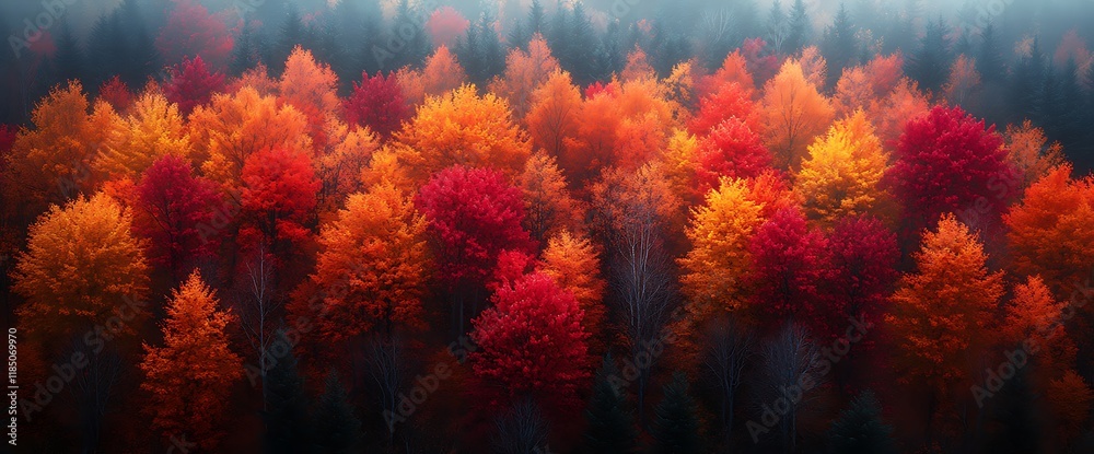Aerial view of autumn forest with red, orange, and yellow trees in misty atmosphere. Aerial view of autumn forest with red, orange, and yellow trees in misty atmosphere.