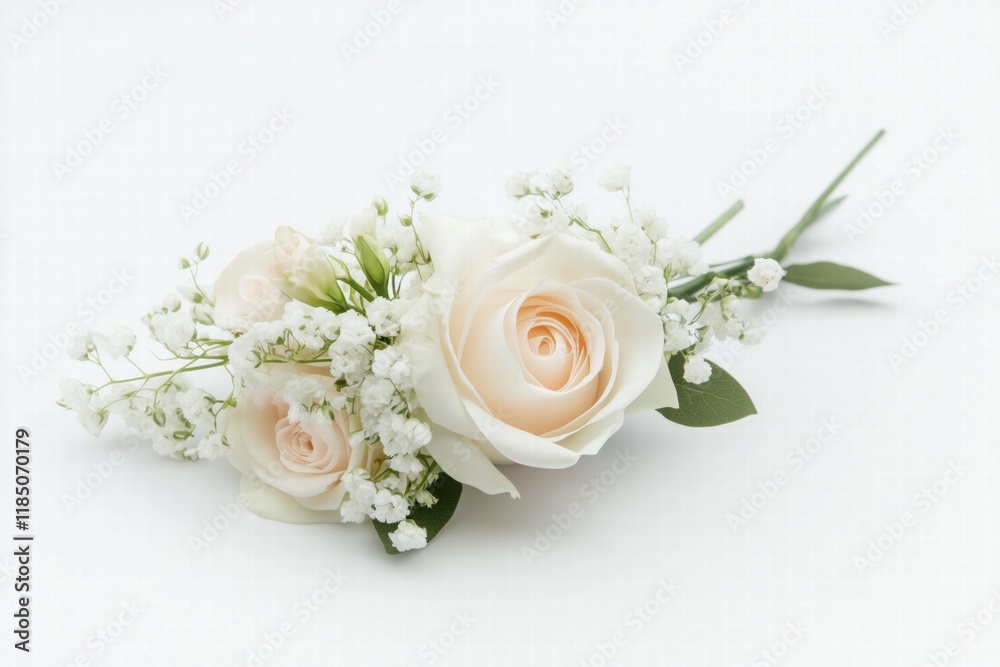 A delicate floral arrangement featuring a soft pink rose, small white flowers, and greenery, elegantly displayed on a light background.