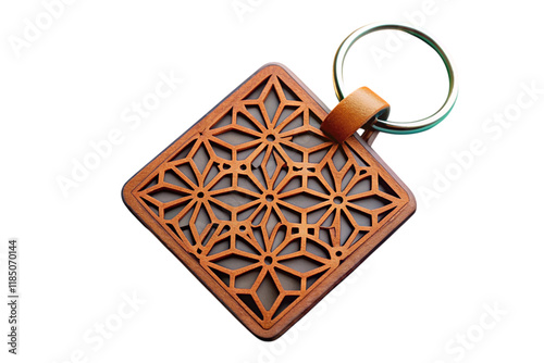 Handcrafted keychains combining wooden and leather materials with detailed laser cut art and bold colors photo