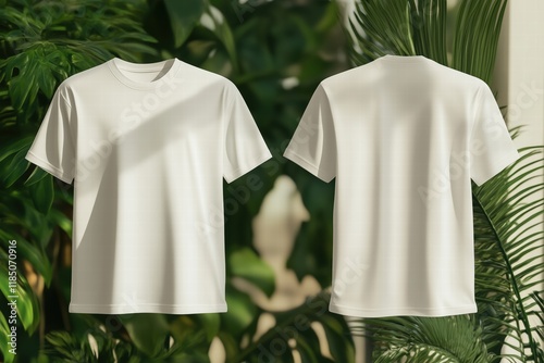 A blank white t-shirt mockup from the front and back against a lush green background of tropical plants, showcasing a clean and minimalistic design. photo