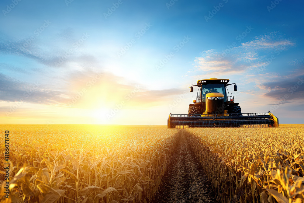 Fototapeta premium Combine Harvester in Wheat Field at Sunset