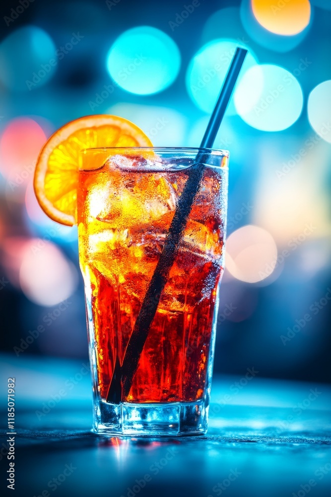 A cocktail served over ice with orange slices and straws A cocktail served over ice with orange slices and straws