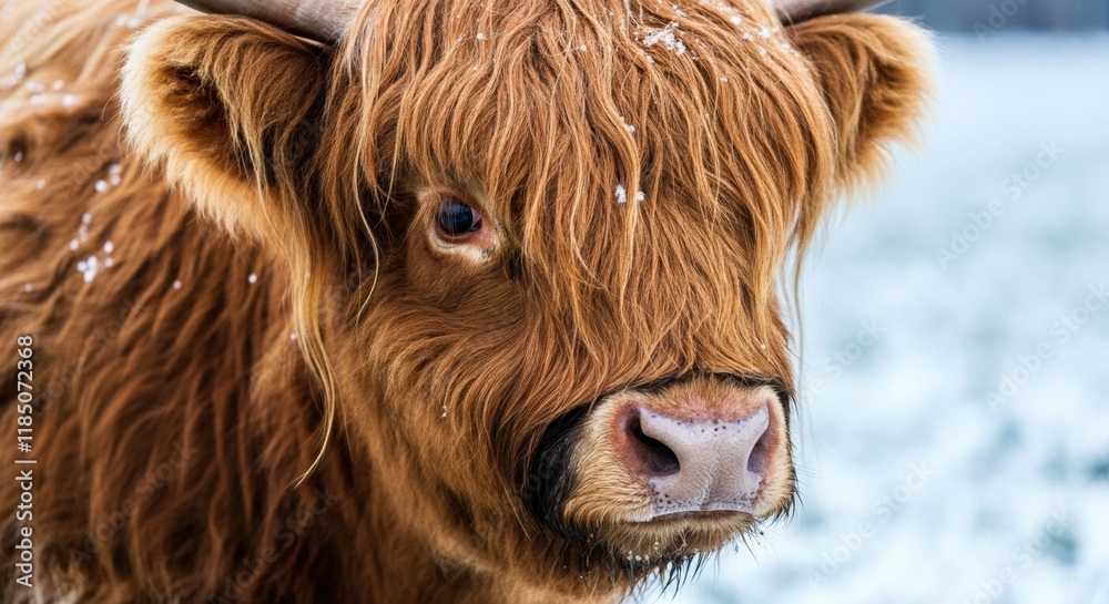 Highland cow with long, shaggy fur in a snowy landscape Highland cow with long, shaggy fur in a snowy landscape