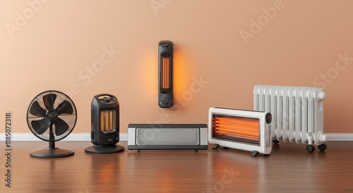 Various heating appliances arranged against a warm orange wall