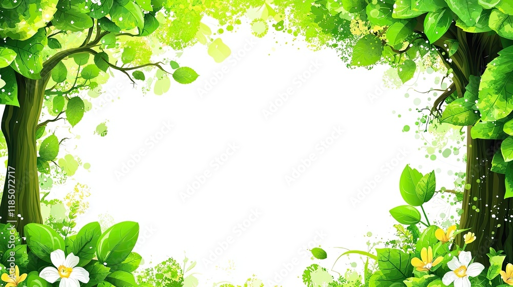 Fototapeta premium A vibrant, decorative border of lush green leaves and flowers, ideal for nature-themed designs or invitations.