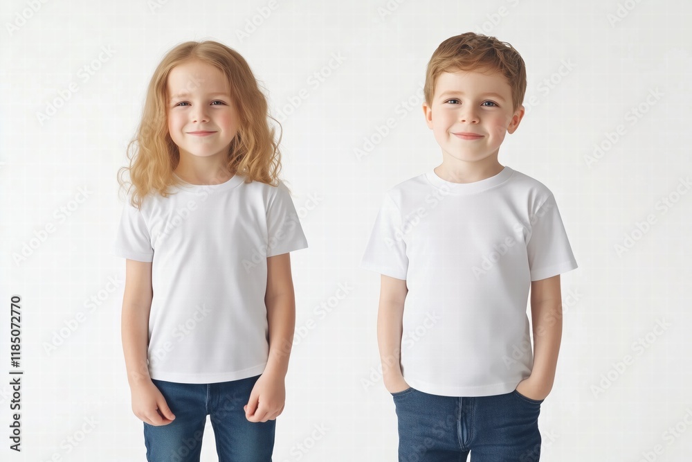 Two children, a girl with curly hair and a boy with short hair, both wearing plain white t-shirts mockup and jeans, smiling against a light background. Two children, a girl with curly hair and a boy with short hair, both wearing plain white t-shirts mockup and jeans, smiling against a light background.