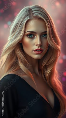 The portrait exudes romanticism with its warm, nostalgic tones and delicate portrayal of the woman’s refined beauty. Her dreamy expression and flowing hair add a sense of whimsy and timeless luxury, r photo