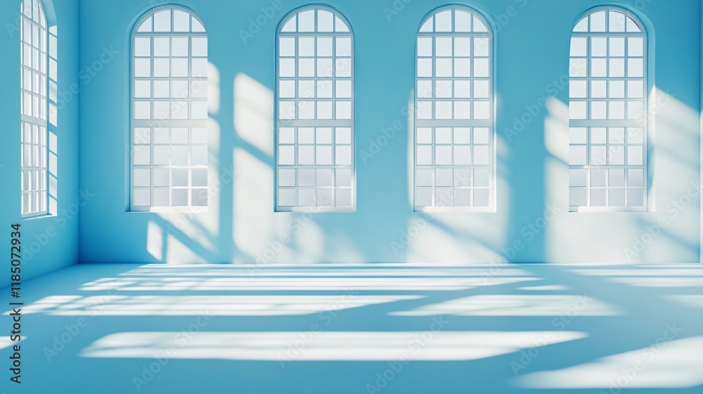 Bright, airy interior with large arched windows casting soft shadows in a blue-walled room. Bright, airy interior with large arched windows casting soft shadows in a blue-walled room.