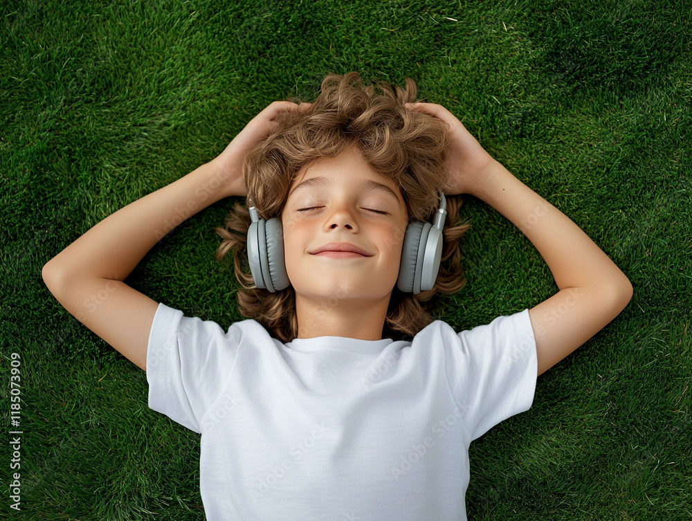 Young boy enjoys music while lying on grass Young boy enjoys music while lying on grass