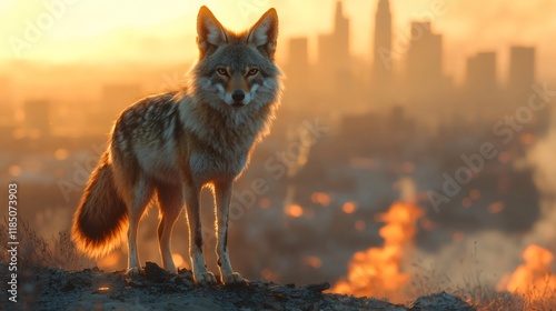Wild coyote standing on hilltop with los angeles skyline at sunset